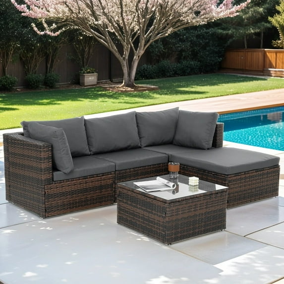 5 Pieces Patio Furniture Set, All Weather Outdoor Sectional Patio Sofa Manual Weaving Wicker Rattan Patio Seating Sofas with Cushion and Glass Table, Grey