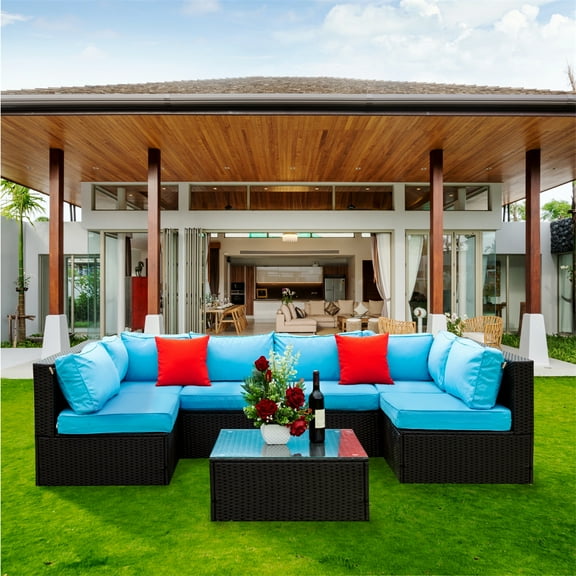 5 Pieces Patio Furniture Set, Outdoor PE Rattan Wicker Conversation Set, Outdoor Sectional Furniture Set with Glass Top Coffee Table, Blue