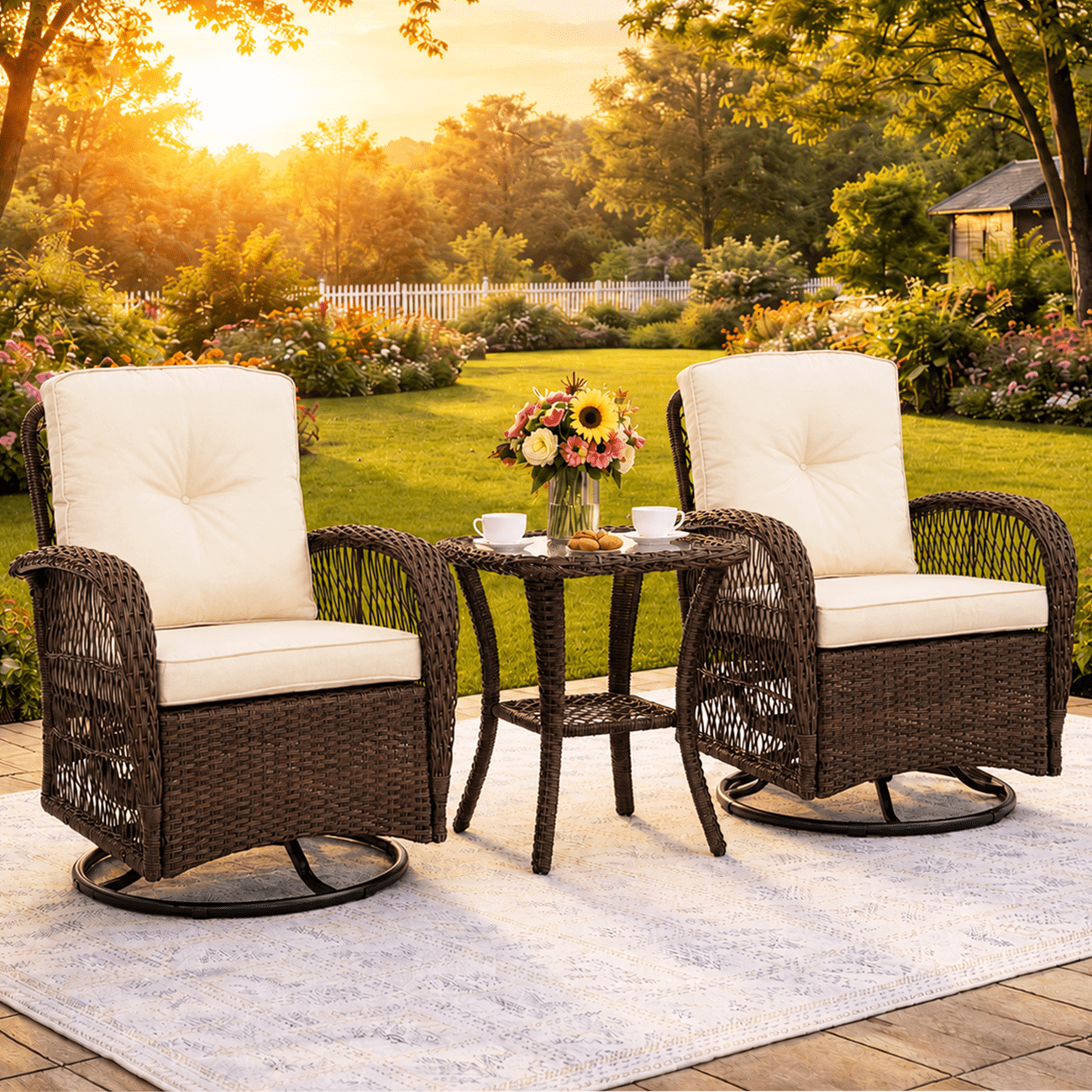 Outdoor Patio Bistro Set, 3 Pcs Rattan Wicker 360° Swivel Rocking Chairs Set, Balcony Porch Furniture with 2-Tier Coffee Table, Thickened Cushions