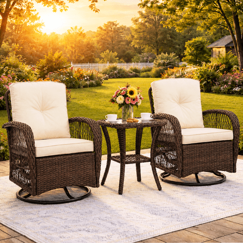 Outdoor Patio Bistro Set, 3 Pcs Rattan Wicker 360° Swivel Rocking Chairs Set, Balcony Porch Furniture with 2-Tier Coffee Table, Thickened Cushions