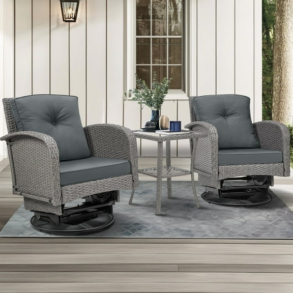 Seizeen Patio Furniture Set on Sale, 3 Pieces Outdoor Rattan Swivel Gliders Rocker w/Coffee Table, Wicker Patio Bistro Chair Set for Front Porch, Rocking Conversation Set w/Thickened Cushions, Gray
