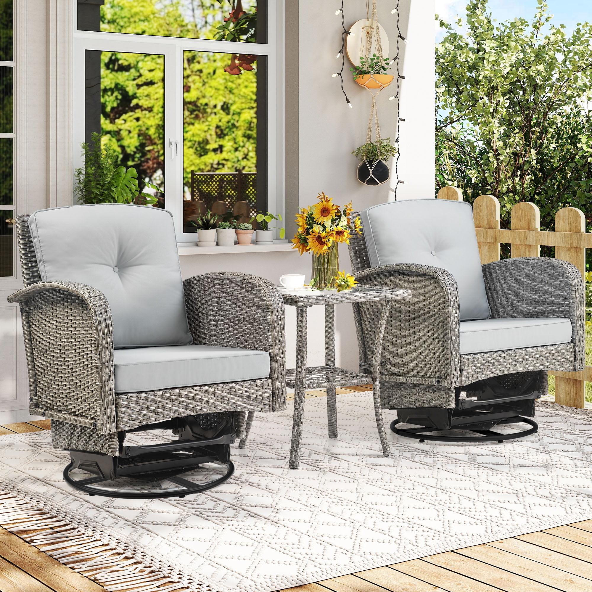 4-Piece PE Rattan Patio Furniture Set with Cushioned Chairs and Acacia Wood Table