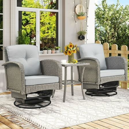 Seizeen Patio Furniture Set on Sale, 3 Pieces Outdoor Rattan Swivel Gliders Rocker w/Coffee Table, Wicker Patio Bistro Chair Set for Front Porch, Rocking Conversation Set w/Thickened Cushions, Gray