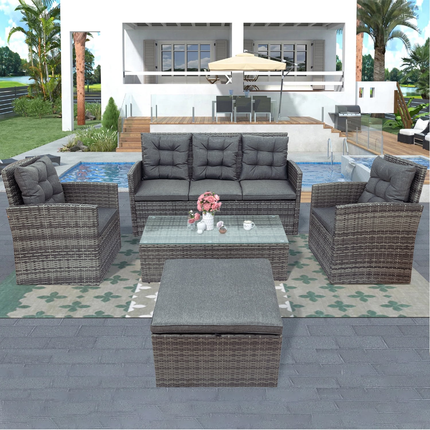 5 Pieces Patio Furniture Set Rattan Outdoor Sectional Conversation Sets 3-Seat Outdoor Couch, 2 Single Chairs & Ottoman for Lawn, Balcony, Garden, Backyard, Gray