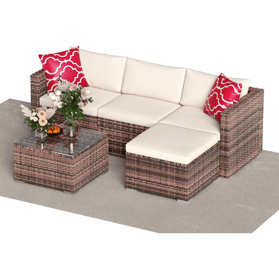 5 Pieces Patio Furniture Sets,All-Weather Sectional Patio Sofa Set PE Rattan Wicker Conversation Set for Courtyard Space