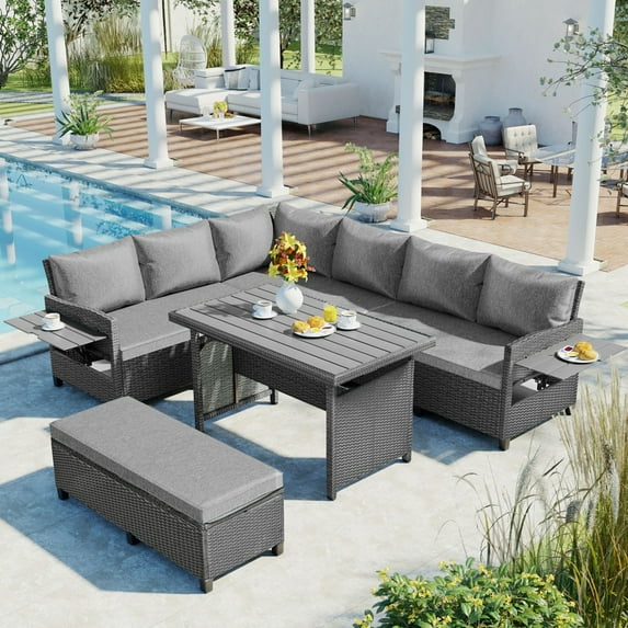 5 Pieces Patio Furniture Sets All Weather Outdoor Sectional Patio Sofa Set, Rattan PE Wicker L-Shaped Sofa Set with Extendable Side Tables, Dining Table and Bench for Backyard, Poolside, Gray