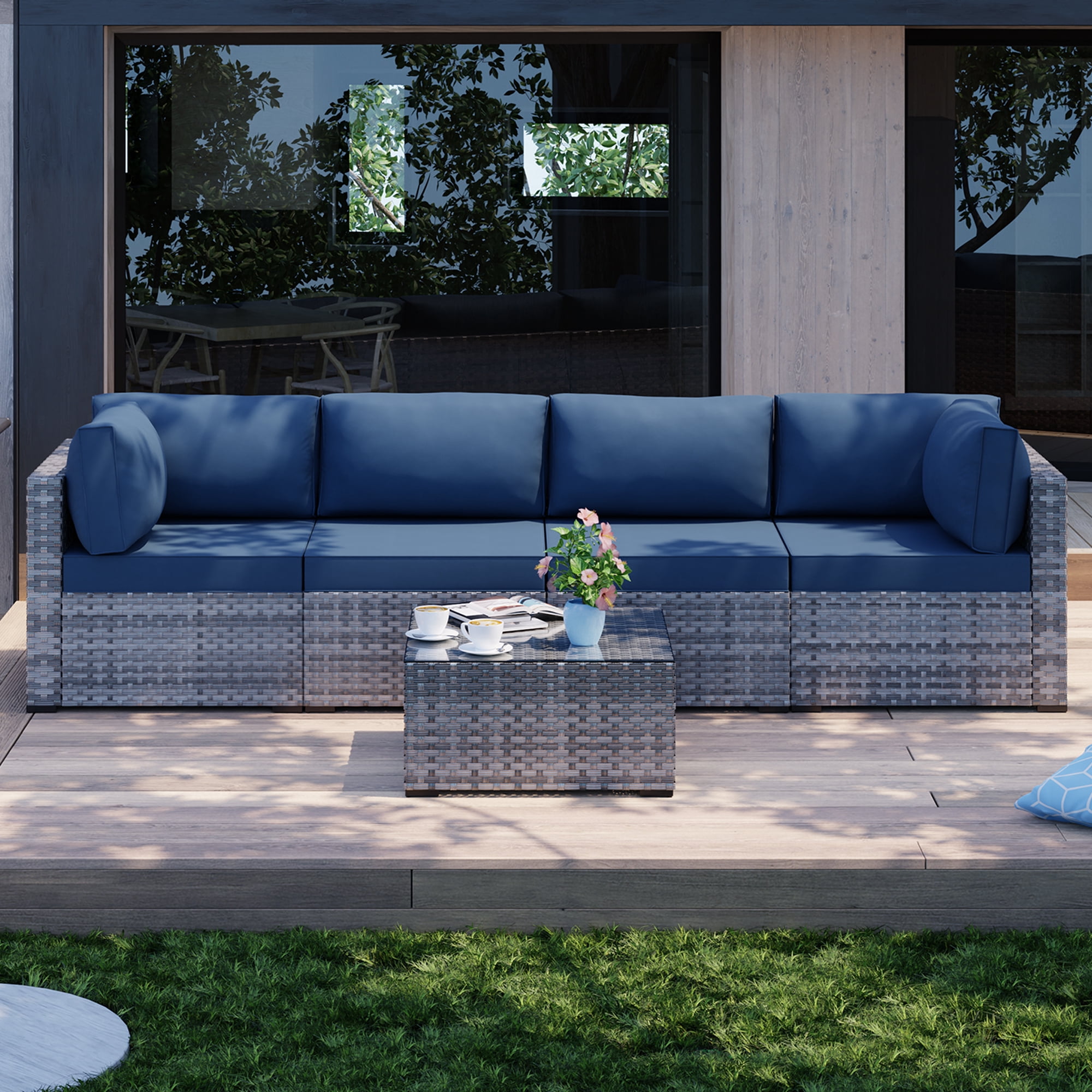 Walsunny 5Piece Aegean Blue Patio Furniture Set, Wicker Outdoor Corner Deck Sofa with Glass