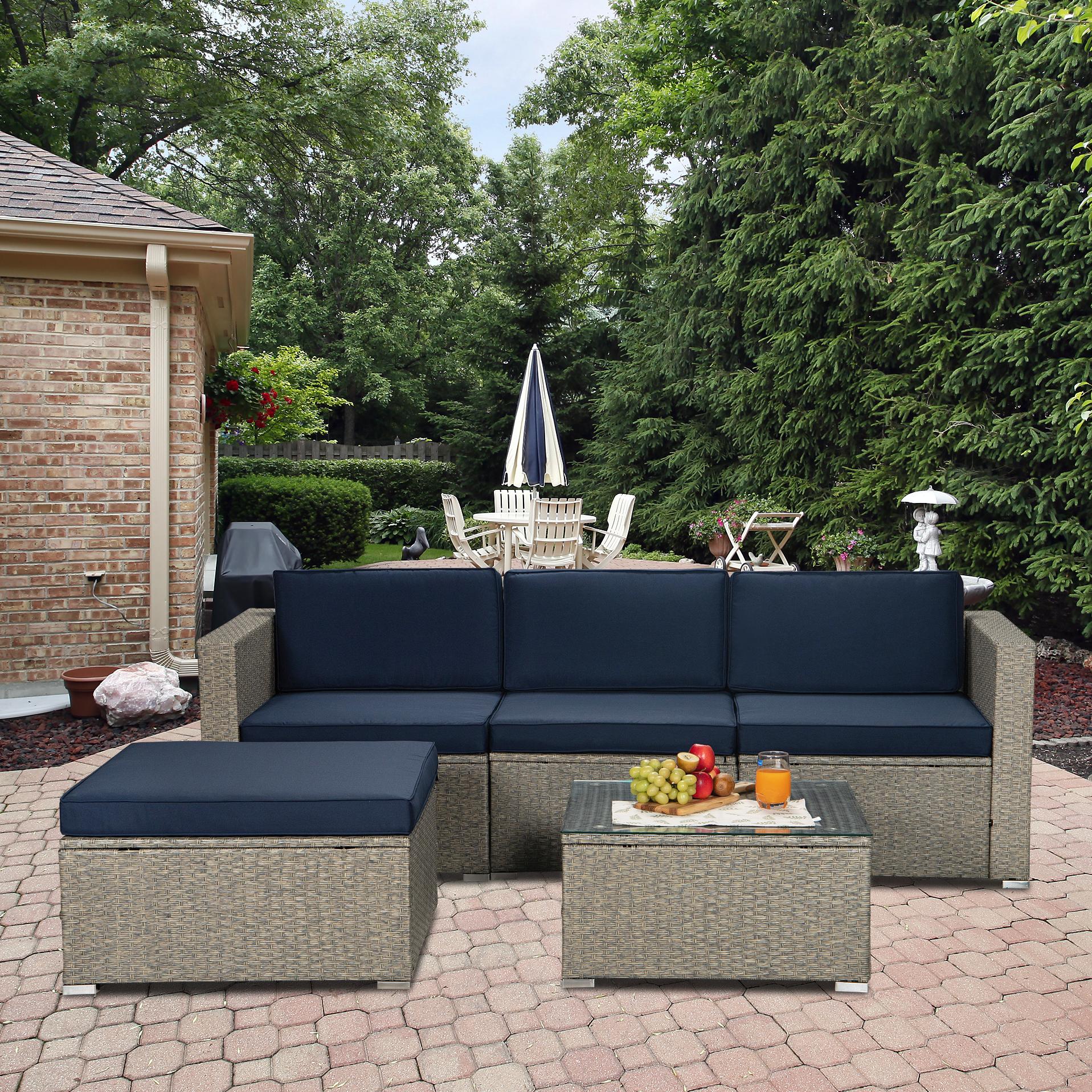 5 Pieces Patio Furniture Sets, iRerts Rattan Wicker Patio Sofa Sectional Set, Deck Furniture Set with Navy Cushion, Ottoman, Glass Table, Outdoor Patio Sofa Sets for Garden, Backyard, Porch, Gray - image 1 of 10