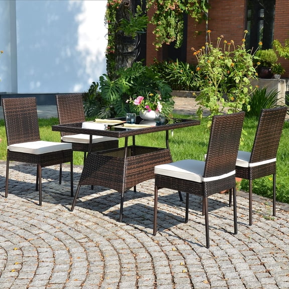 5 Pieces Patio Wicker Dining Set Outdoor Furniture, Outdoor Rattan Table and Chairs with Tempered Glass Table-top & Padded Cushions, Patio Furniture Sets for Backyard, Balcony(Brown)
