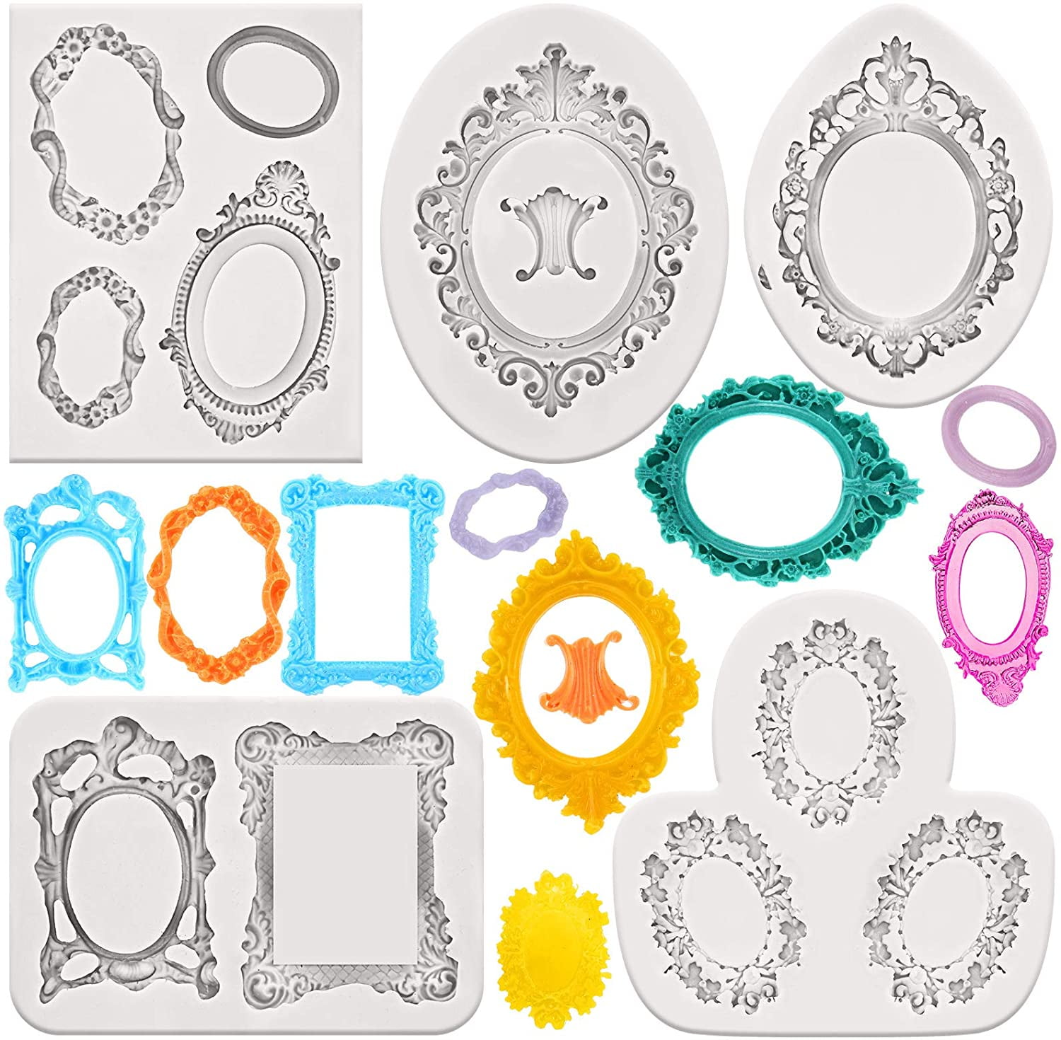 5 Pieces Photo Frame Fondant Molds Vintage Frame Molds Silicone Molds Picture Frames Silicone Mold for Cake Decorating,Sugar Gum Paste Chocolate Butter Resin Cookies Polymer Clay
