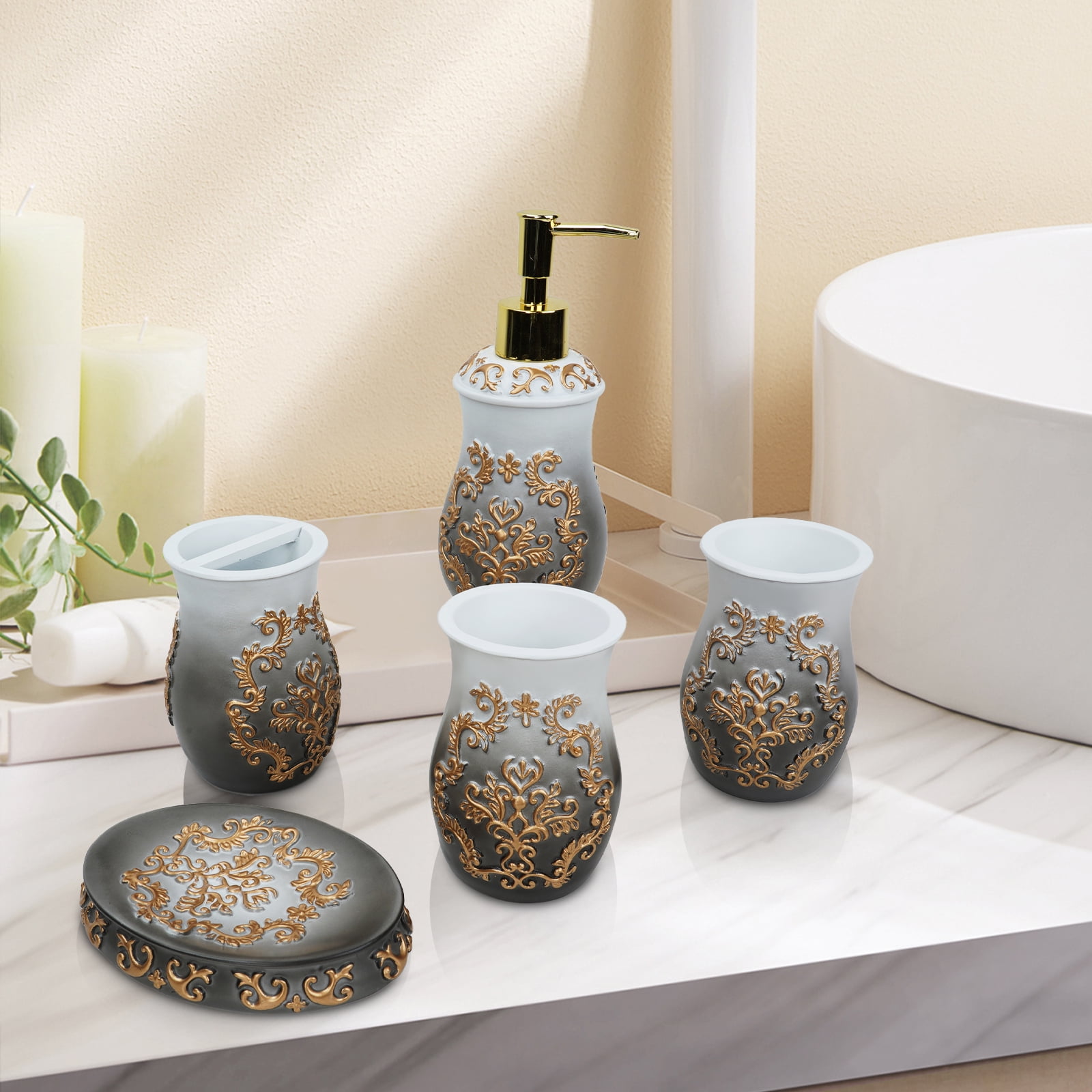 5 Pieces Pratical Sinatra Stylish Bathroom Accessories Set Black Gold