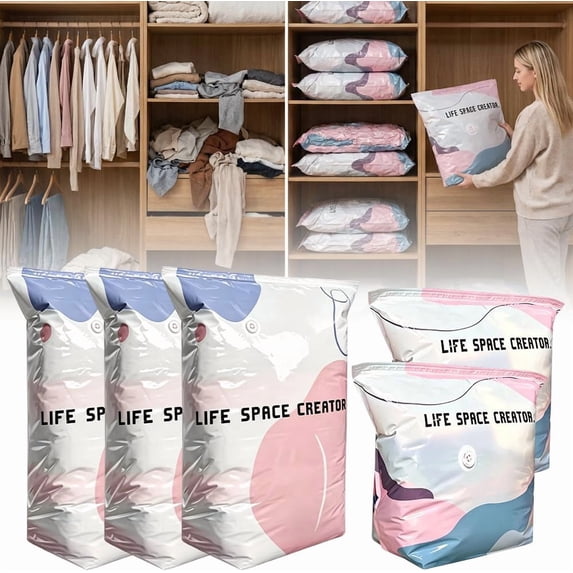 5-Pieces No Pump Vacuum Storage Bags, 2026 New No-Pump 3D Vacuum Storage Bags, Large Vacuum Storage Compression Bags for Clothes, Blankets, Bedding, Comforters (5PCS, M + L)