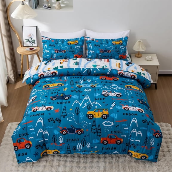 5 Pieces Racing Cars Comforter Set Twin for Boys Kids Bed in a Bag Vehicles Transportation Lightweight Microfiber Bedding Sets,Blue