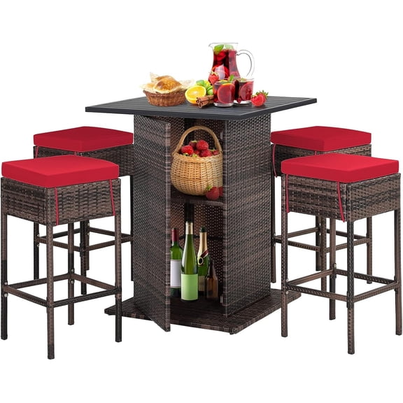 5 Pieces Rattan Bar Set, Outdoor Wicker Bar Table and 4 Bar Stools, Heavy-Duty Steel Frame, Patio Bar Furniture Set with Cushions
