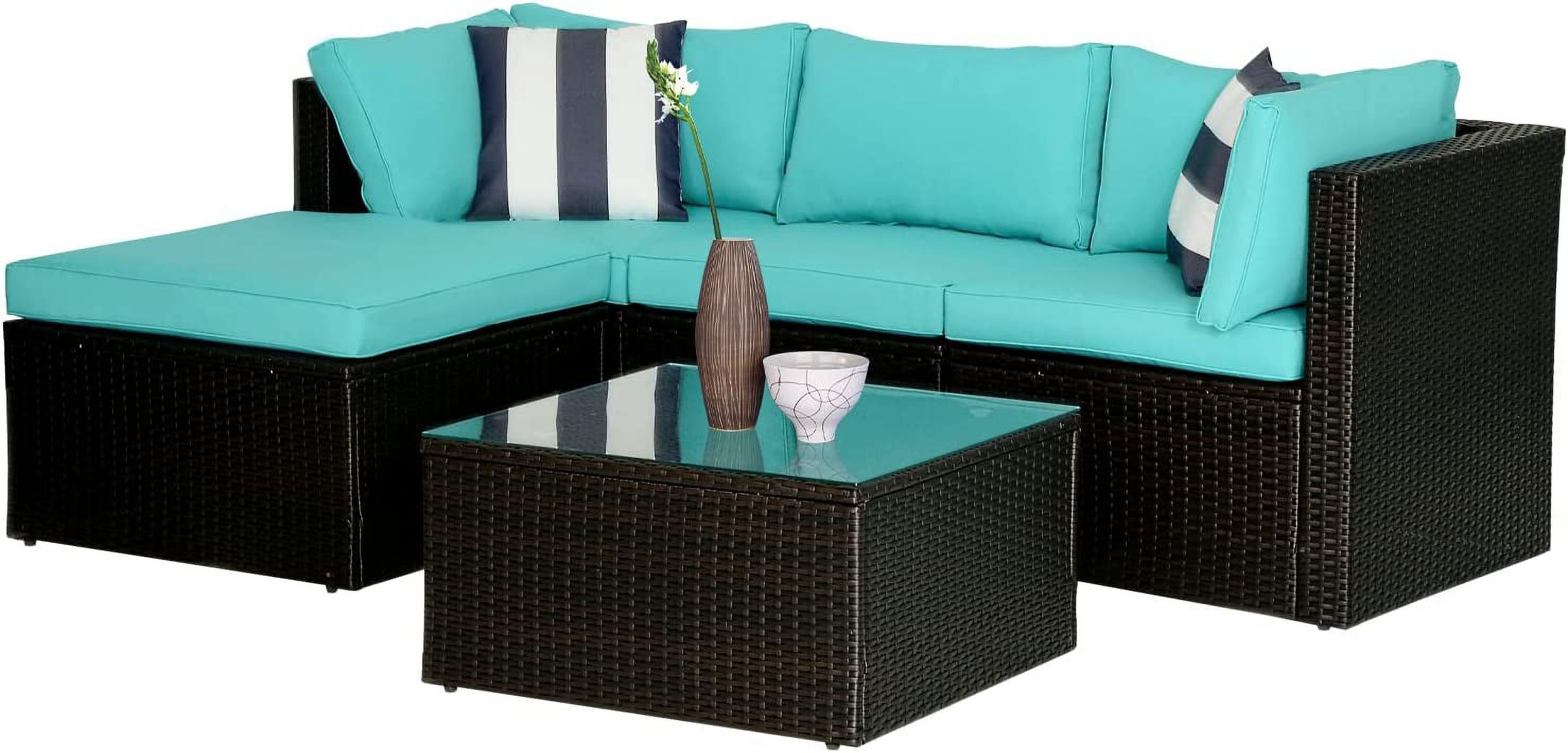 5 Pieces Rattan Patio Furniture Sets Modular Outdoor Conversation Sofa Set All Weather Wicker Sectional Sofa with 2 Corner Chair Armless Chair Ottoman Chair Glass Table 2 Pillow,Blue Cushion - image 1 of 1