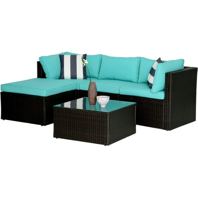 5 Pieces Rattan Patio Furniture Sets Modular Outdoor Conversation Sofa Set All Weather Wicker Sectional Sofa with 2 Corner Chair Armless Chair Ottoman Chair Glass Table 2 Pillow,Blue Cushion