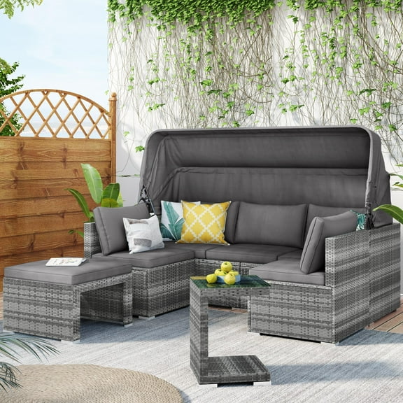 5 Pieces Rattan Sofa Set, Outdoor Sectional Daybed, PE Wicker Conversation Furniture Set with Canopy and Side Table for Backyard Poolside Deck, Gray
