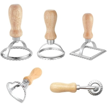 5 Pieces Ravioli Stamp Set Ravioli Cutters with Wooden Handles and Fluted Edge Pastry Cutter Stainless Steel Dumpling Makers for Ravioli, Empanadillas, Cookies Making