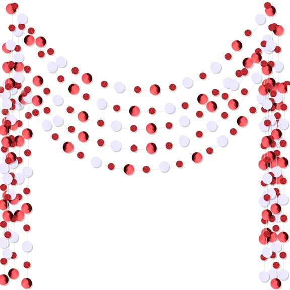 5 Pieces Red Round Dots Garland Graduation Party Hanging Decor Each Length 13.1ft Glitter Paper Dot Streamers for Birthday Wedding Classroom Supplies (White)