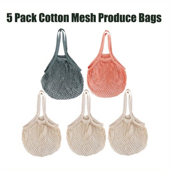 5 Pieces Reusable Grocery Net Bags Portable Long Handle Net Tote Bags Durable Fruit and Vegetable Storage Bags