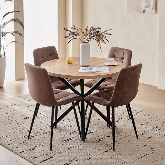 5 Pieces Round Dining Table Set - Mid-Century Oak Dining Table with 4 Brown Faux Leather Chairs Set, Coffee Table & Chairs with Black Metal Legs for Kitchen Dining Room, Apartment