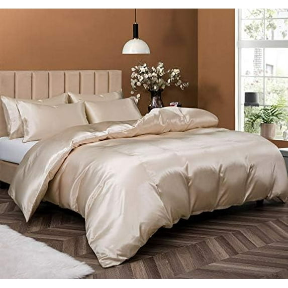 5 Pieces Satin Duvet Cover California King Size, Luxury Silky Like Taupe Duvet Cover Bedding Set with Zipper Closure, 1 Duvet Cover + 4 Pillow Cases (No Comforter)