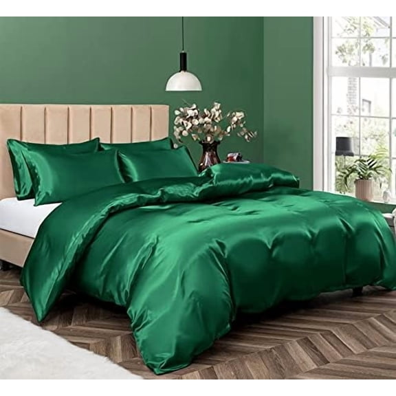 5 Pieces Satin Duvet Cover Full/Queen Size Set, Luxury Silky Like Emerald Green Duvet Cover Bedding Set with Zipper Closure, 1 Duvet Cover + 4 Pillow Cases (No Comforter)
