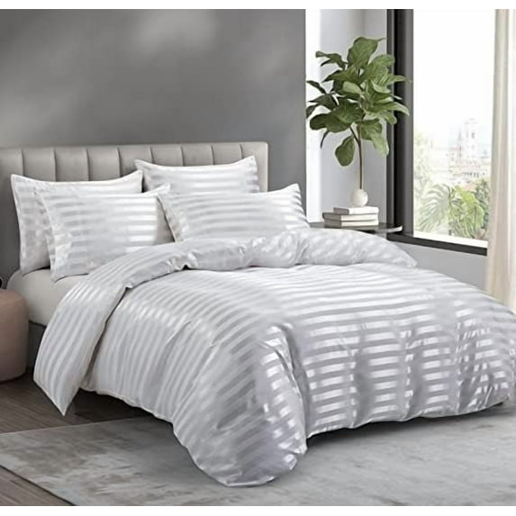 5 Pieces Satin Striped Duvet Cover Full/Queen Size Set, Luxury Silky Like Ivory White Stripe Duvet Cover Bedding Set with Zipper Closure, 1 Duvet Cover + 4 Pillow Cases (No Comforter)