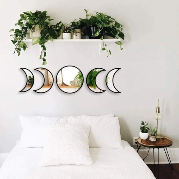 5 Pieces Scandinavian Natural Decor Acrylic Wall Decorative Interior Design Wooden Moon Phase Mirror Bohemian Wall Decoration for Home Living Room Bedroom - Not Real Mirror(Black)