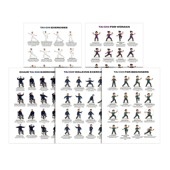 5 Pieces Seniors Fitness Guide Daily Partner Tai Chi Chair Workout Printable Wall Chart with 30 Day Seated Routine Easy Exercises for Home