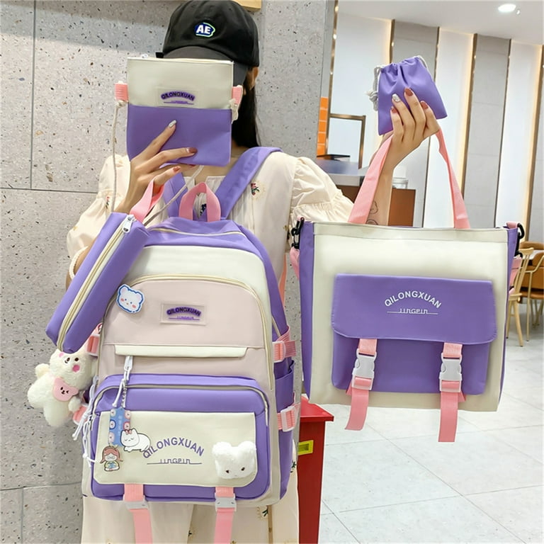 5 Pieces Sets Kawaii Backpacks for Teenage Girls Pink Student School Bags Backpacks with Pencil Case Walmart