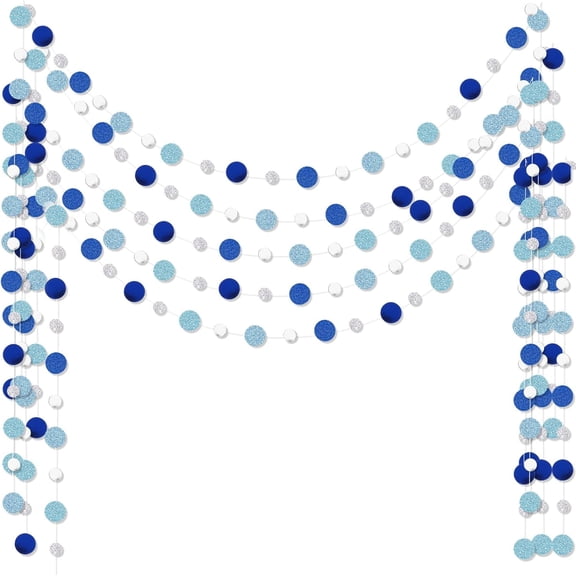 5 Pieces Silver Round Dots Garland Easter Graduation Party Hanging Decor Each Length 13.1ft Glitter Paper Dot Streamers for Birthday Wedding Classroom (Blue)