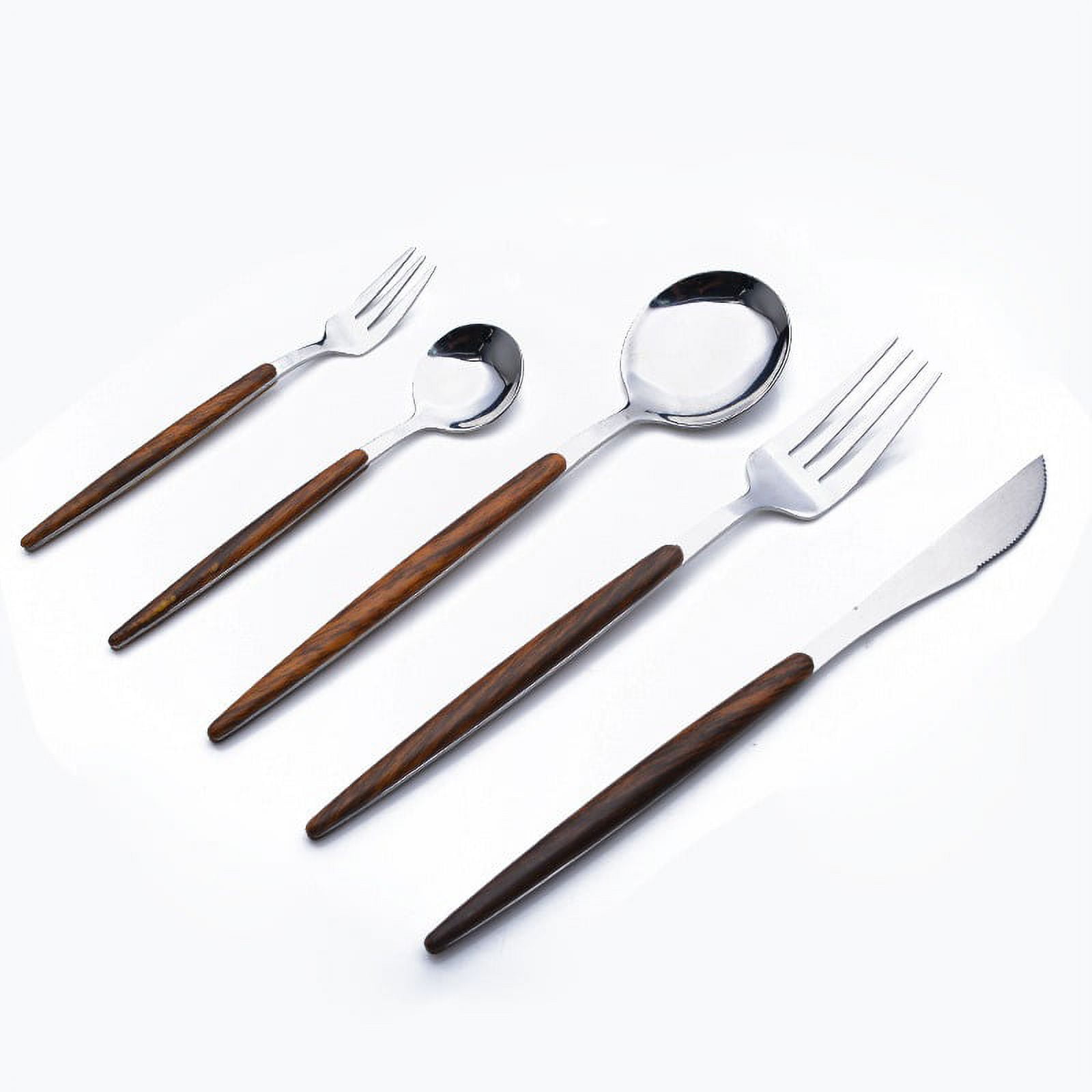 5 Pieces Silverware Flatware Set With Wooden Handle For 2