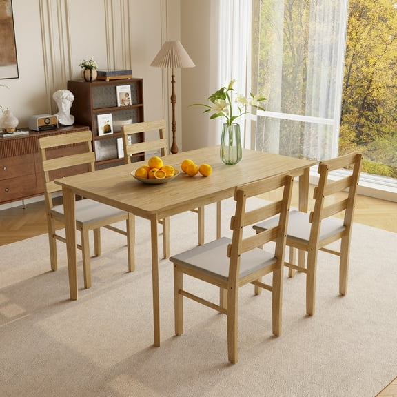 5 Pieces Solid Wood Indoor Modern Rectangular Dining Table Set for 4, Dining Table with 4 Back Chairs, Kitchen Table and Chairs Set for Kitchen Bar Living Room Breakfast, Natural