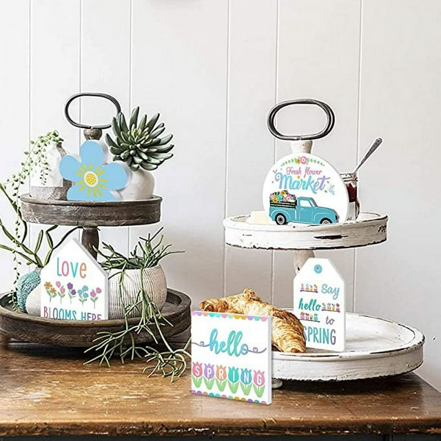 5 Pieces Spring Tiered Tray Decor, Rustic Farmhouse Mini Wood Signs Decorations for Home Office Decor, Rustic Wooden Flower Say Hello to Spring Mini Sign for Wedding Party Table Tiered Tray Decoration