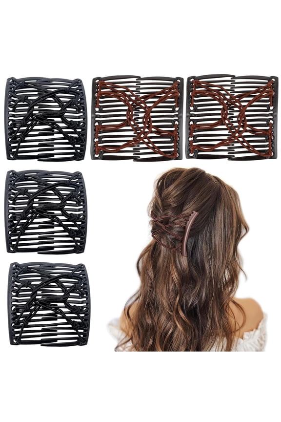 5 Pieces Stretchy Magic Comb Adjustable Elastic Clip for Women Girls No Crease Pins Vintage Bun Maker Hair Accessories for Curly Thick Wavy Ponytail(3 Black+2 Brown)