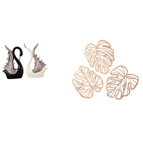 5 Pieces Swan Statue Palm Leaf Wall Plaque Set with Ceramic and Wood Artistic Decor for Living Room Bedroom