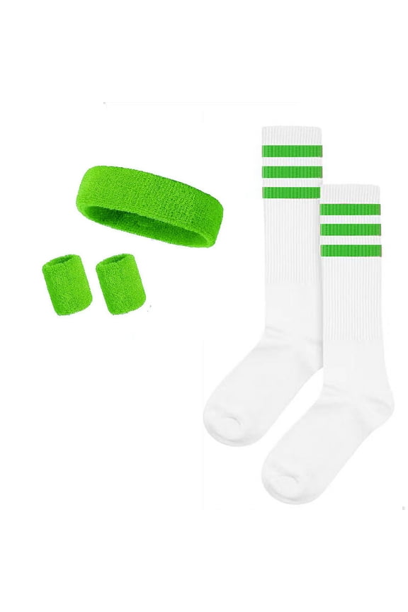 5 Pieces Sweatbands Striped Socks Set Sports Headband Wristbands High Tube Socks 80s Accessories Costumes