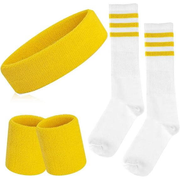 5 Pieces Sweatbands Striped Socks Set Sports Headband Wristbands High Tube Socks 80s Accessories Costumes