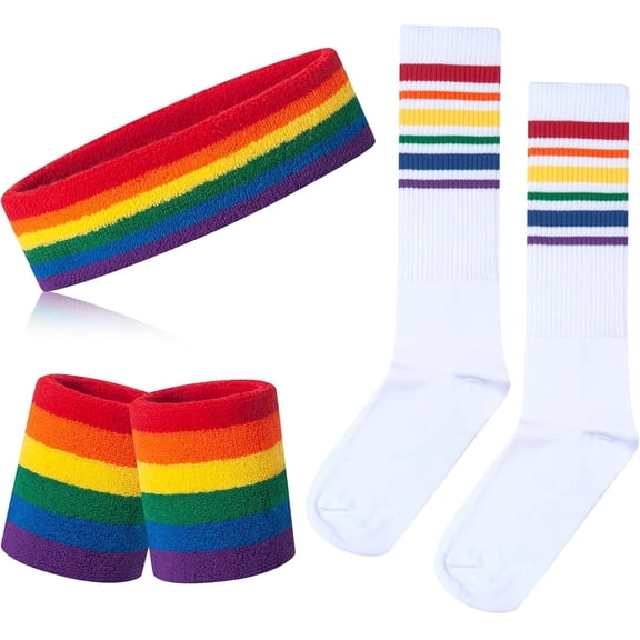 5 Pieces Sweatbands Striped Socks Set Sports Headband Wristbands High Tube Socks 80s Accessories Costumes