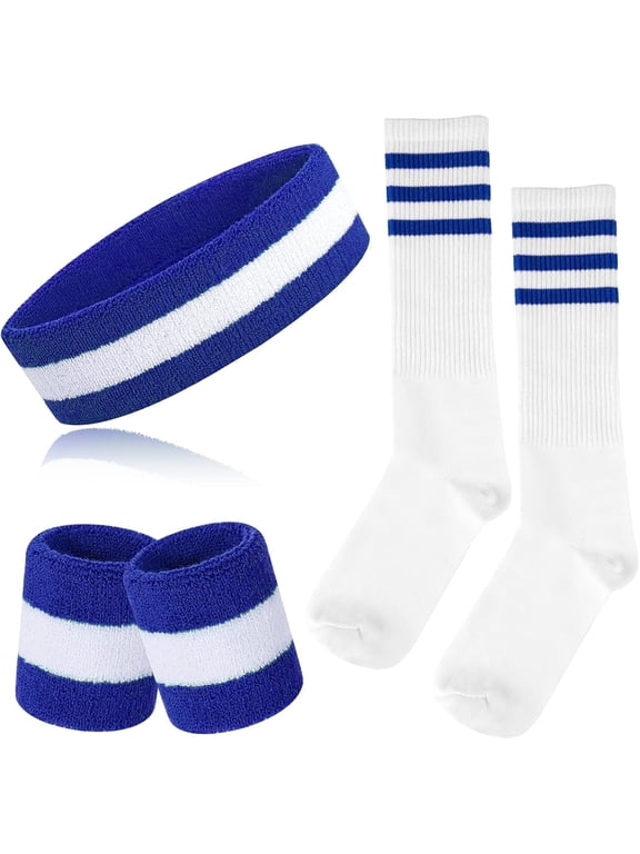5 Pieces Sweatbands Striped Socks Set Sports Headband Wristbands High Tube Socks 80s Accessories Costumes