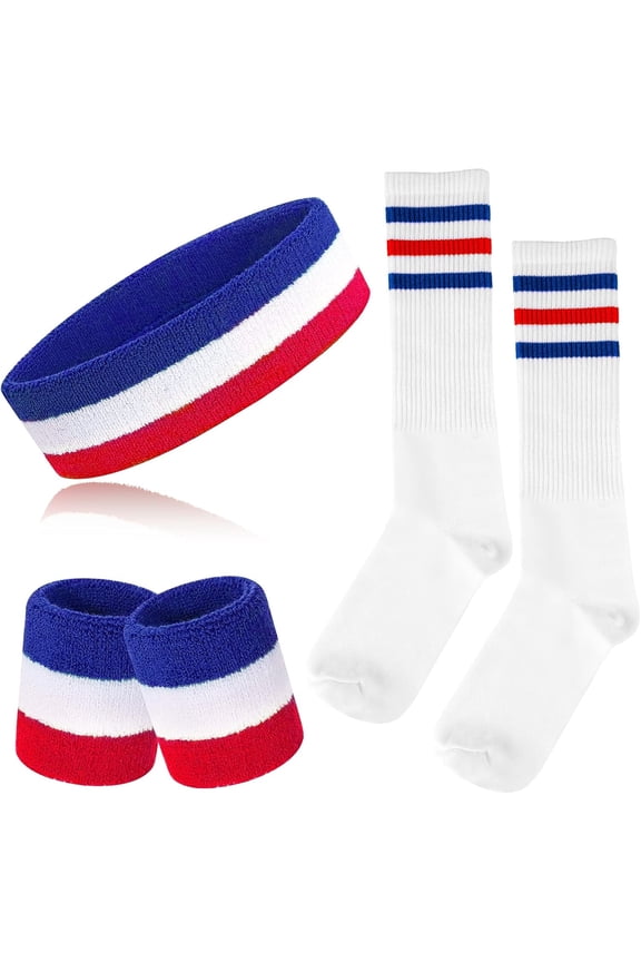 5 Pieces Sweatbands Striped Socks Set Sports Headband Wristbands High Tube Socks 80s Accessories Costumes
