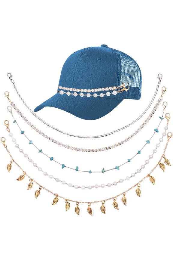 5 Pieces Trucker Hat Chains Gold Leaves Turquoise Pearls Bill Decoration Hat Charms Detachable Decorative Chains for Women Men DIY Mesh Baseball Caps Hats Accessories