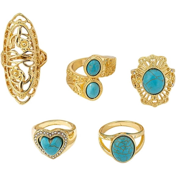 5 Pieces Turquoise Stackable Finger Rings Set for Women Men Boho Chunky Stone Adjustable Western Heart Flower Oval Gemstone Knuckle Midi Ring Vintage Statement Bohemian Party Daily Friendship Jewelry