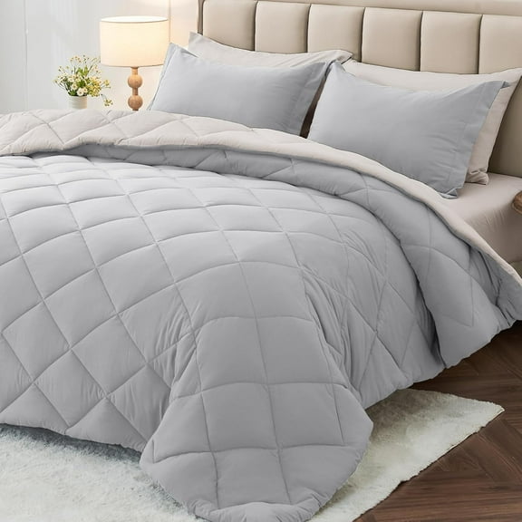 5 Pieces Twin Comforter Set, Reversible Bed in a Bag Twin Size, All Season Bedding Set with Comforter, Flat Sheet, Fitted Sheet, Pillowcases & Shams, Light Grey & Beige