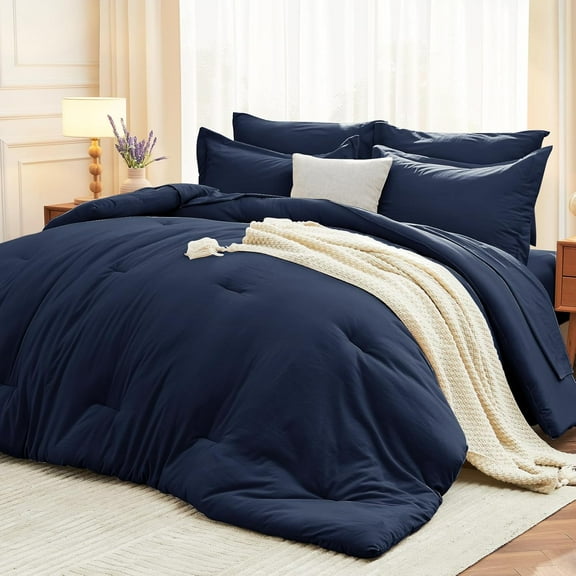 5 Pieces Twin Comforter Set, Soft Bed in a Bag Twin Size, All Season Bedding Set with Comforter, Flat Sheet, Fitted Sheet, Pillowcases & Shams, Navy Blue