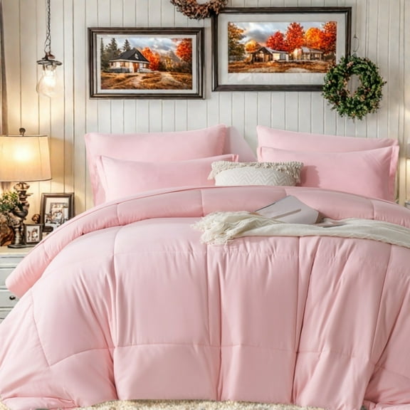 Davulos 5 Pieces Twin Lightweight Solid PinkComforter Set for All Seasons, Soft & Comfortable Bed in a Bag Set for Student/friends, A Cloud-Like Sleeping Space Bedding Set
