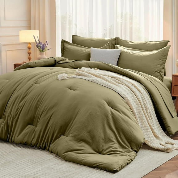 5 Pieces Twin XL Comforter Set, Soft Bed in a Bag Twin XL Size, All Season Bedding Set with Comforter, Flat Sheet, Fitted Sheet, Pillowcases & Shams, Olive Green