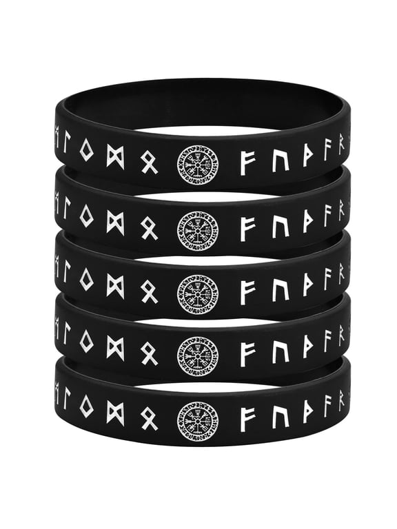 5 Pieces Viking Bracelet for Men, Black Nordic Viking Runes Wristband Bangle Bracelet for Men Women, Silicone Rubber Band Comfort Fit Viking Jewelry Gifts