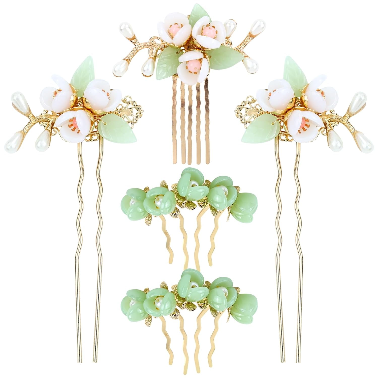 3 Pcs Jade Flower Hair Comb Hair Stick Chinese Retro Chignon Pin Accessories 4 Pieces Jade Flower Hair Pins Women Girls Hair Stick  main image 3